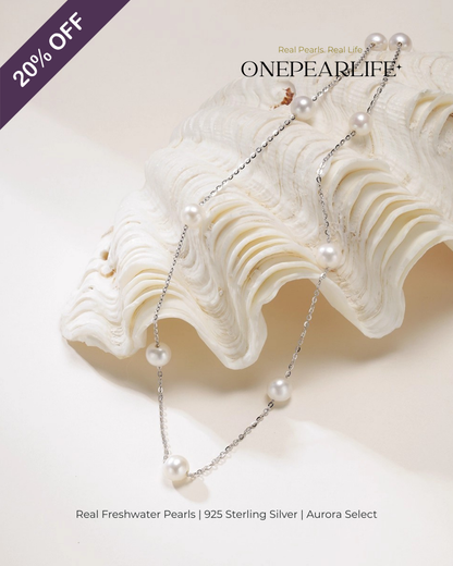 Stellara – AAA Quality White Aurora “Starry” Natural Freshwater Pearl Necklace | 6–6.5mm | 925 Sterling Silver