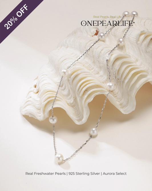 Stellara – AAA Quality White Aurora “Starry” Natural Freshwater Pearl Necklace | 6–6.5mm | 925 Sterling Silver