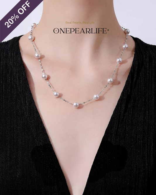 Stellara – AAA Quality White Aurora “Starry” Natural Freshwater Pearl Necklace | 6–6.5mm | 925 Sterling Silver Onepearlife