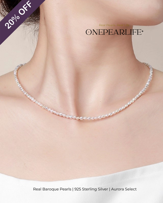 Vivia – AAA Quality Natural Mini Baroque Freshwater Pearl Necklace | 3–4mm | 925 Sterling Silver Onepearlife