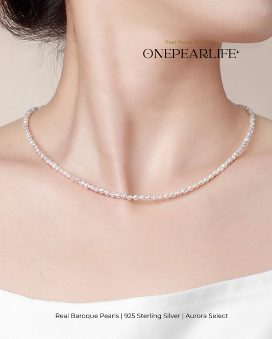 Vivia – AAA Quality Natural Mini Baroque Freshwater Pearl Necklace | 3–4mm | 925 Sterling Silver