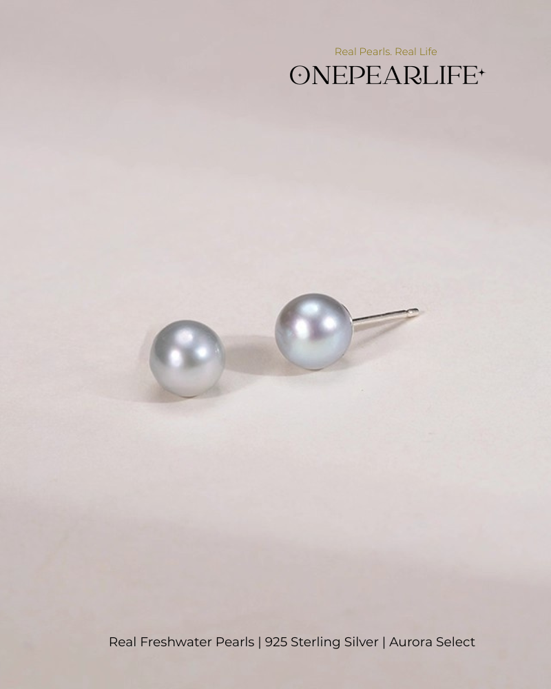 Zia – AAA Quality Natural Gray Saltwater Pearl Stud Earrings | 7–7.5mm | 925 Sterling Silver